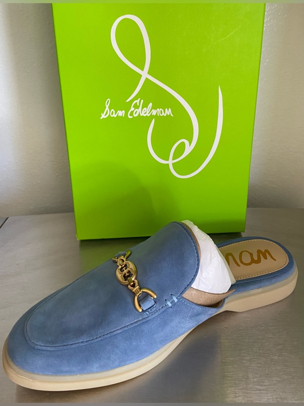 NEW.. SAM EDELMAN WOMENS BLUE SUEDE SLIP ON LOAFER MULES WITH BIT GOLD HARDWARE - Picture 2 of 10